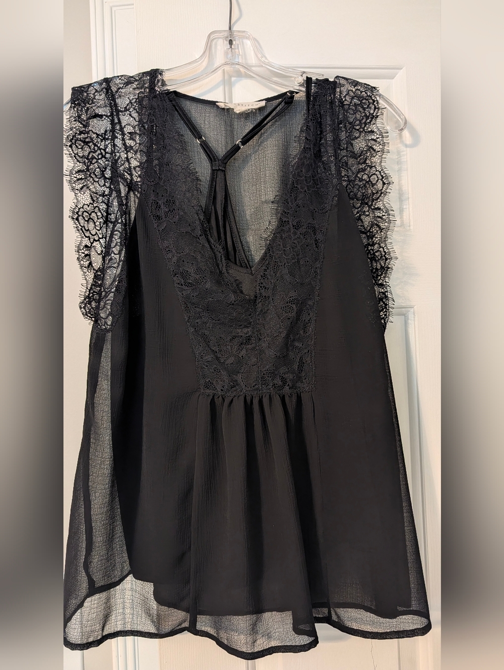 lovestitch Black Lace Flutter Sleeve V-Neck Blouse
